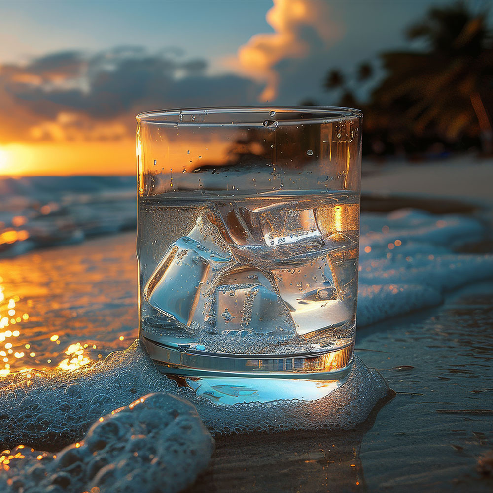 glass of water on sandy beach